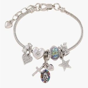 Catholic saint Silver Charm Bracelet with Heart Star and cross beads Charms